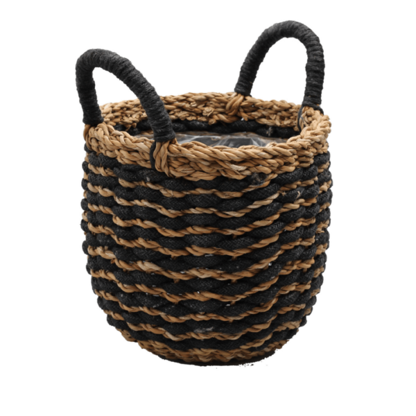 Cache-pot panier avec anses Cato rayé - Noir